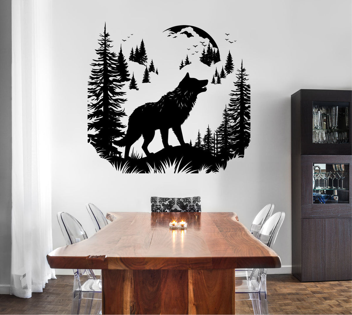 Wolf with Pine Trees and Moon Vinyl Wall Decal