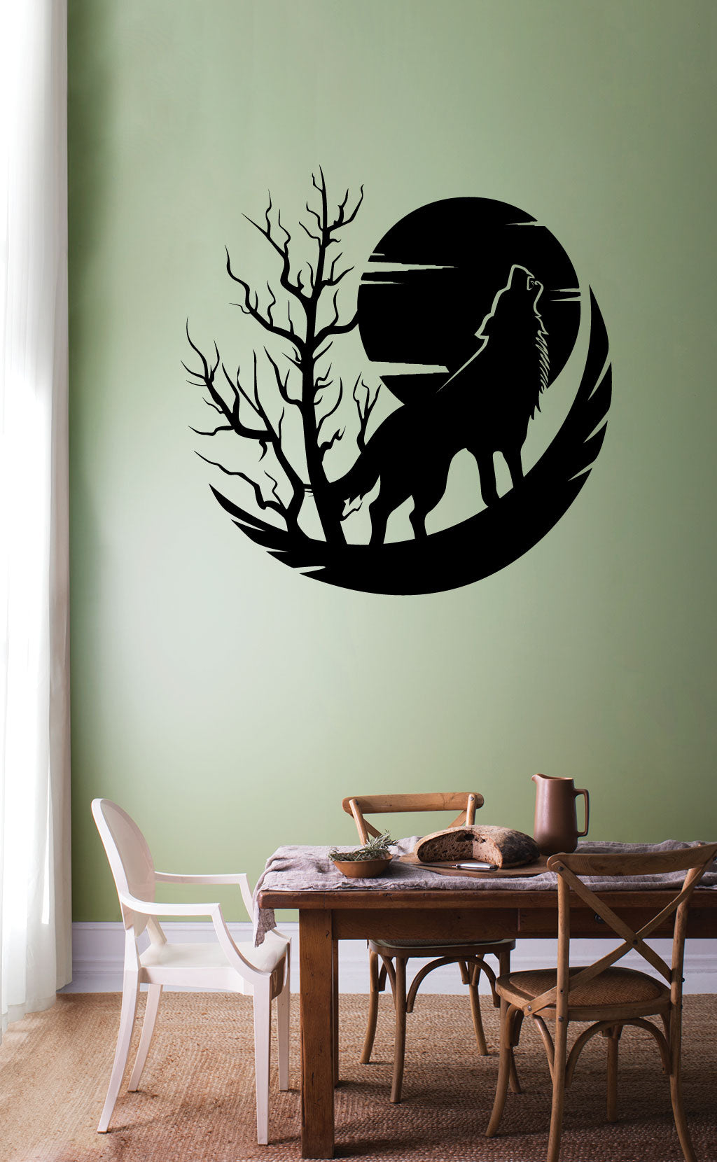 Wolf Howling at the Moon with Winter Tree Vinyl Wall Decal
