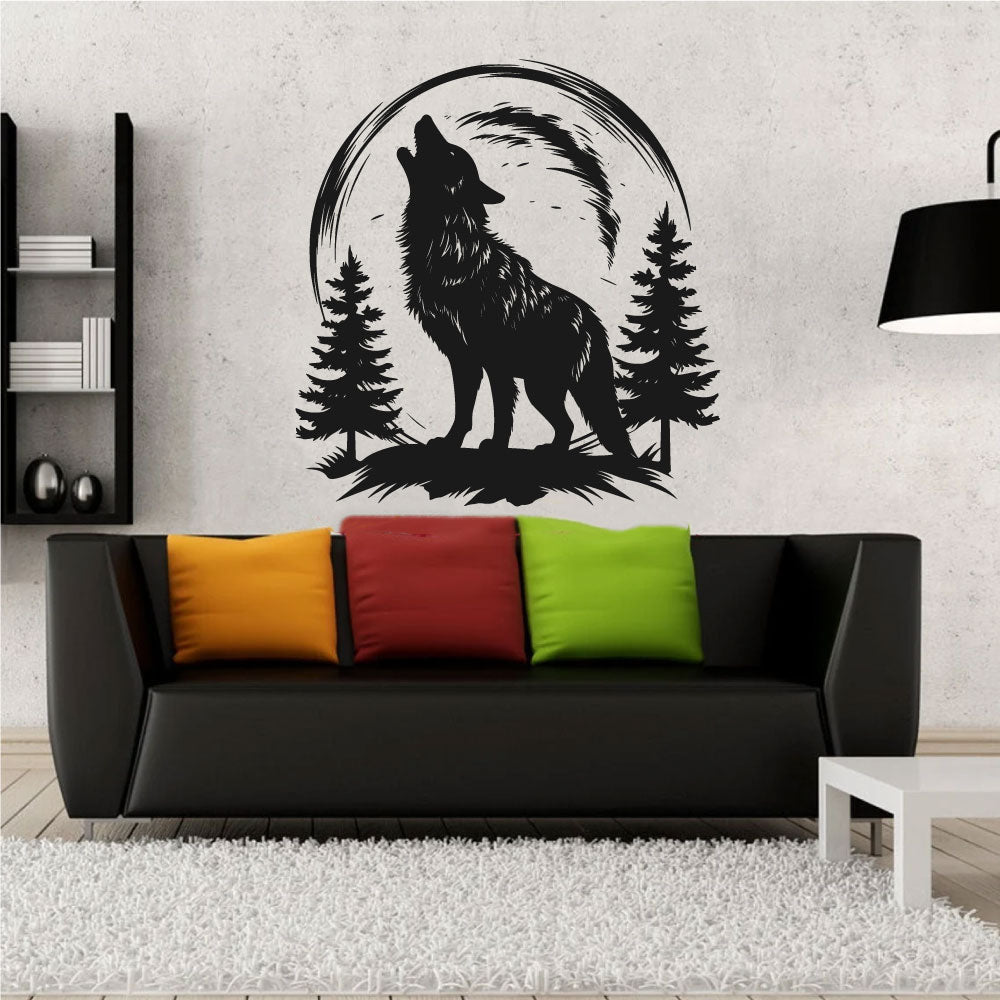 Wolf Howling at the Moon with Pine Trees Vinyl Wall Decal