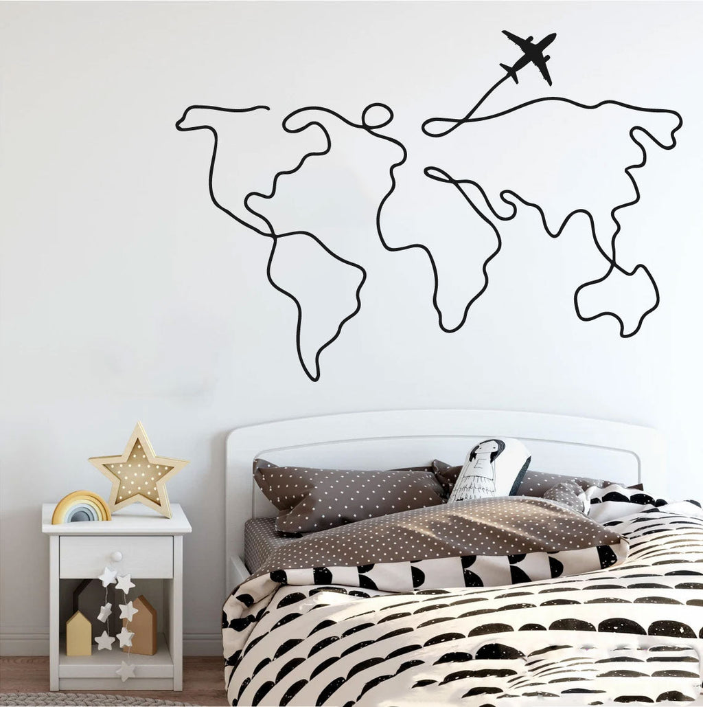 World Map with Airplane Silhouette Vinyl Wall Decal
